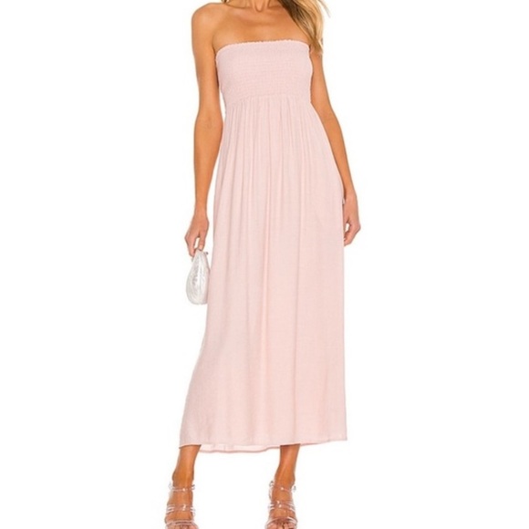 Lovers and Friends Fielle Midi Dress Pink Crinkle Gauze Strapless Smocked XS X1 - Picture 1 of 8